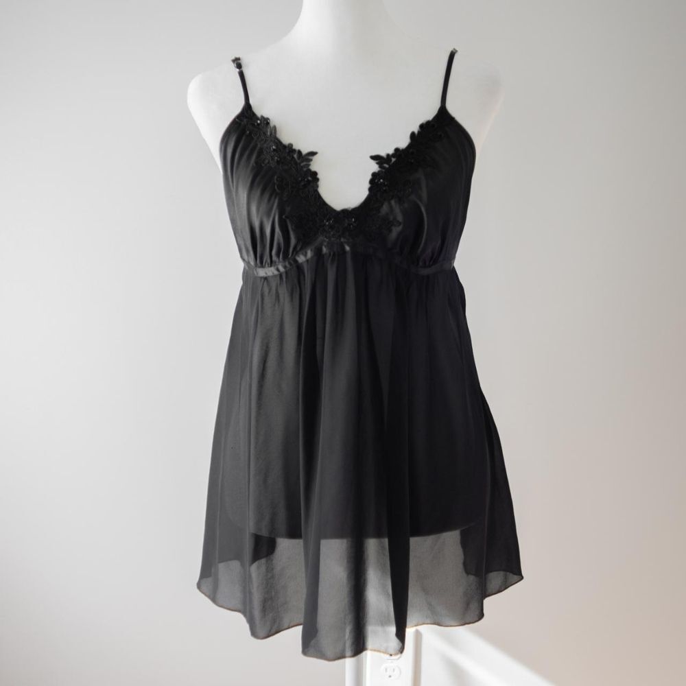 Linea Donatella Women's Black whimsigoth  Nightwear Slip Cami Semi Sheer Top